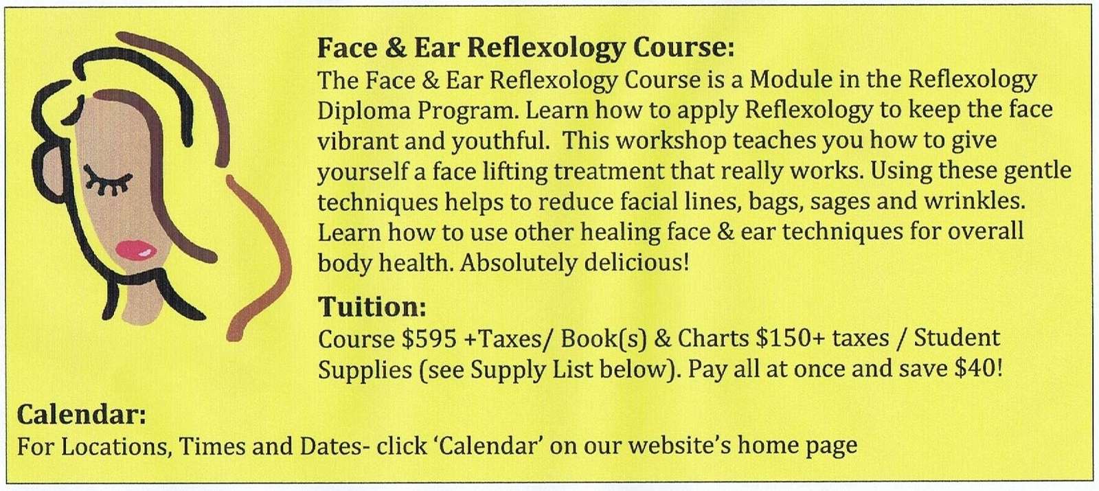 A poster with information about the Face and Ear Reflexology Program offered by Alberta massage school, Archways Healing College.