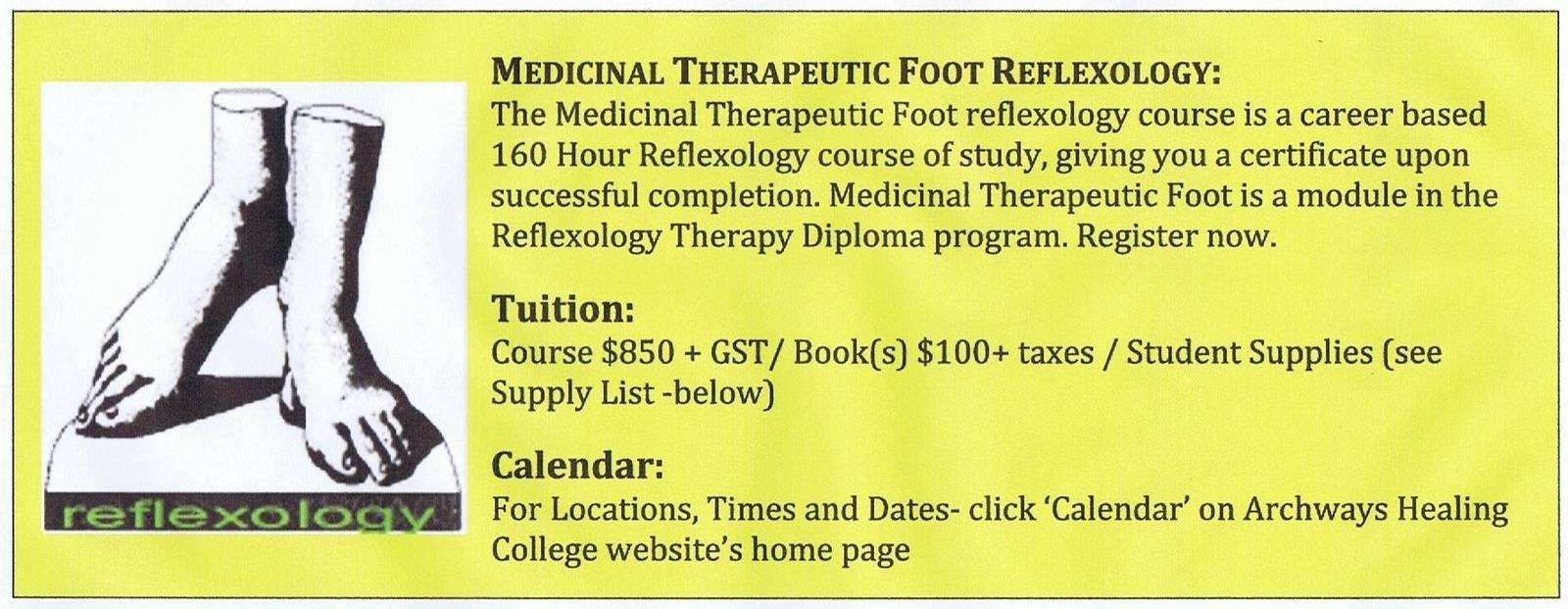 Information regarding Medicinal Therapeutic Foot Reflexology from Archways massage school in Alberta